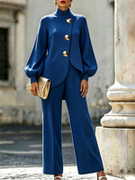 Elegant Royal Blue Asymmetric Knit Top With Gold-tone Button