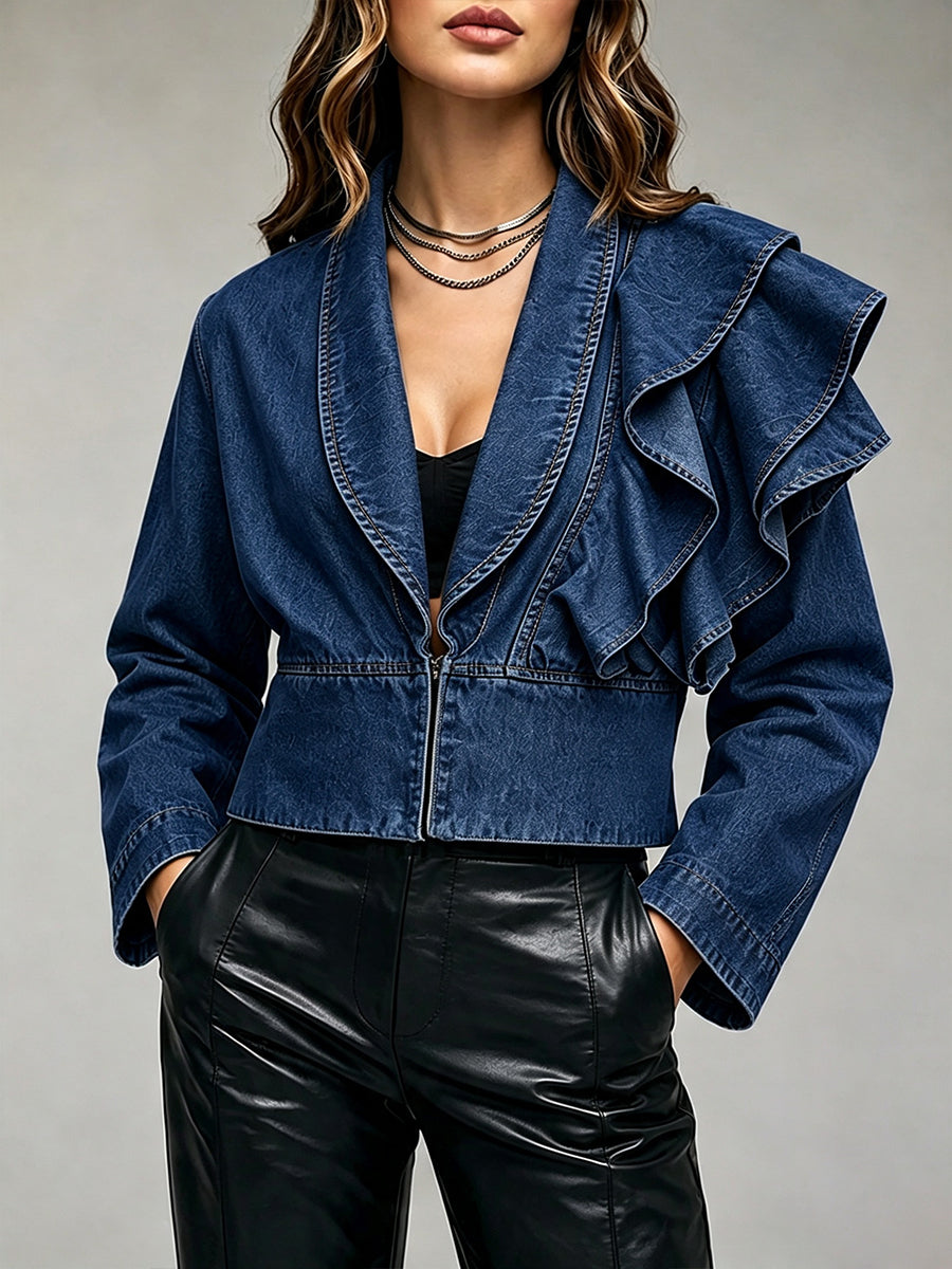 Casual Ruffled Cropped Denim Jacket