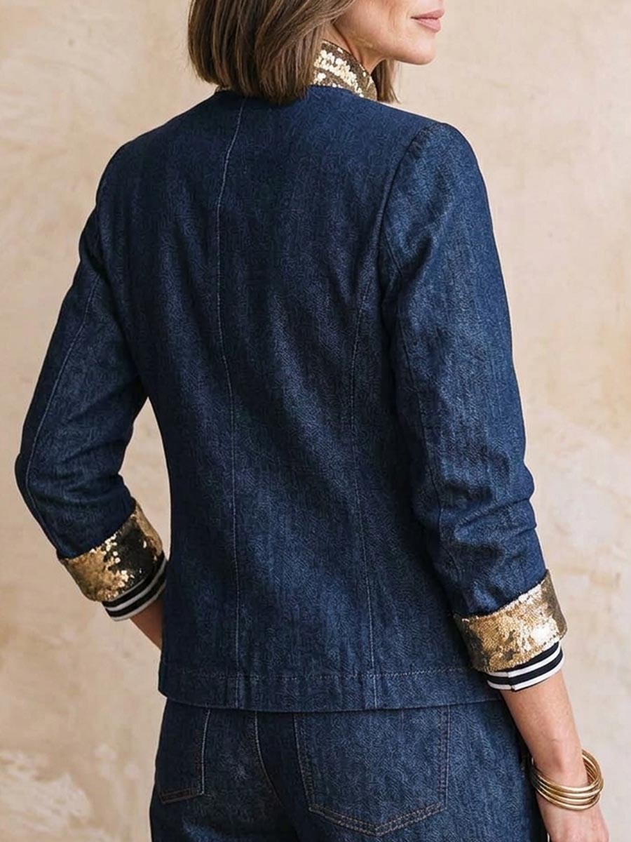 Virina Malstrikta Denim-Supro Kun Standa Kolumo, Longaj Manikoj Kaj Ora Kontrasta Bordo