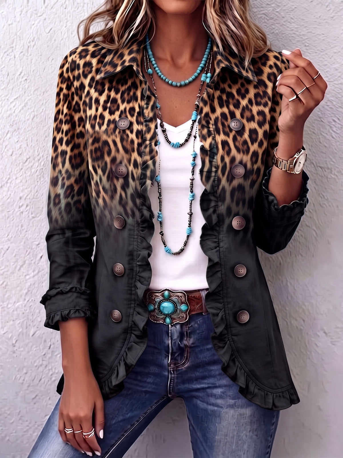 Bold Boho Leopard & Teal Ruffle Blazer Jacket