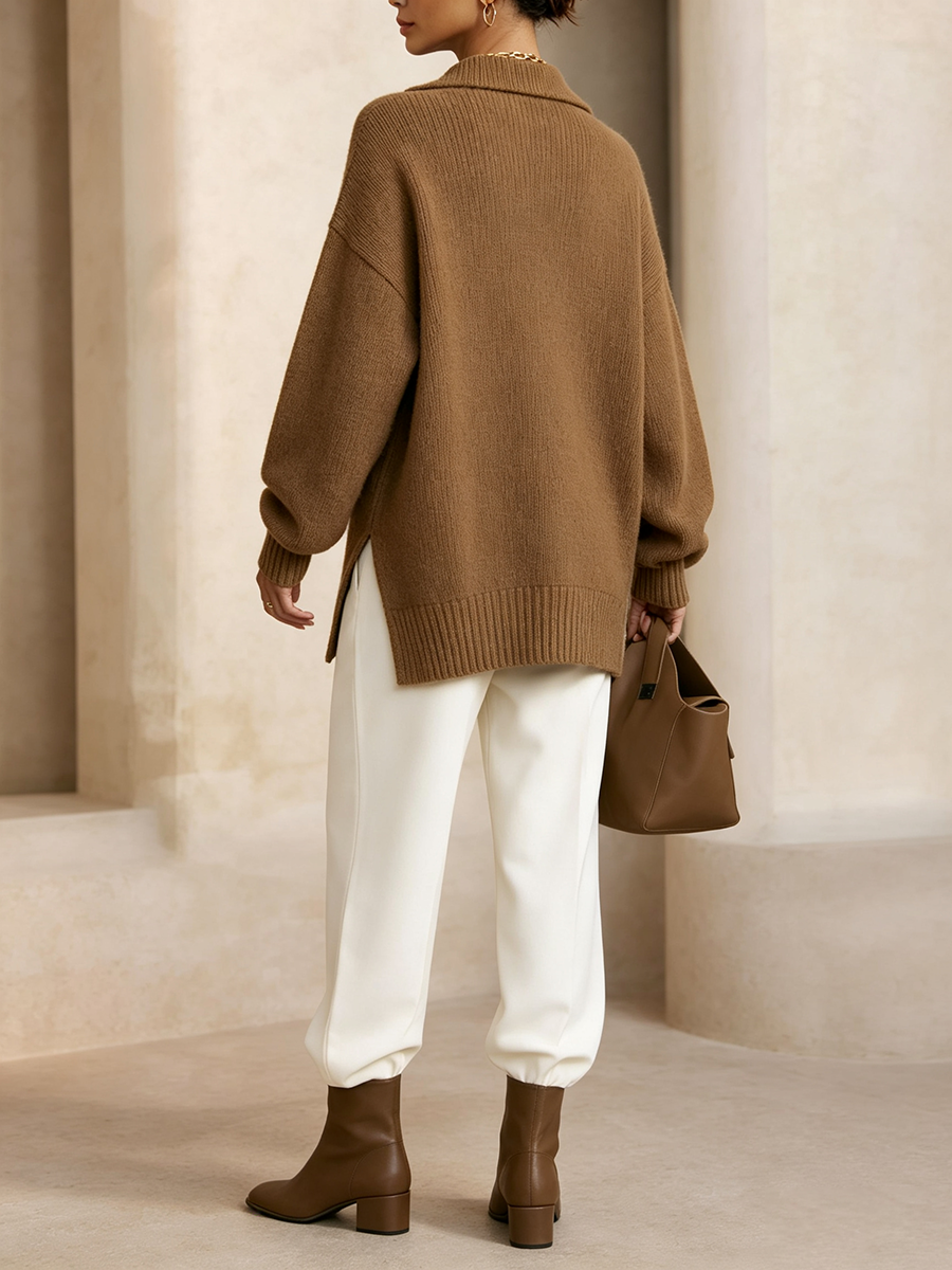 Stylish Asymmetrical Hem Half-zip Knit Top