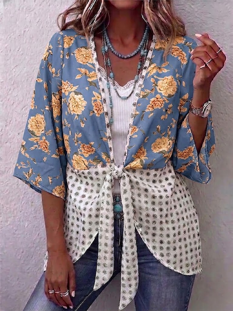 Floral & Dot Spliced V-neck Tie Front 3/4 Sleeve Blouse