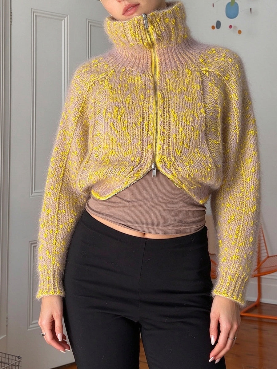Elegante cardigan con cerniera in maglia di misto lana a pois reversibili