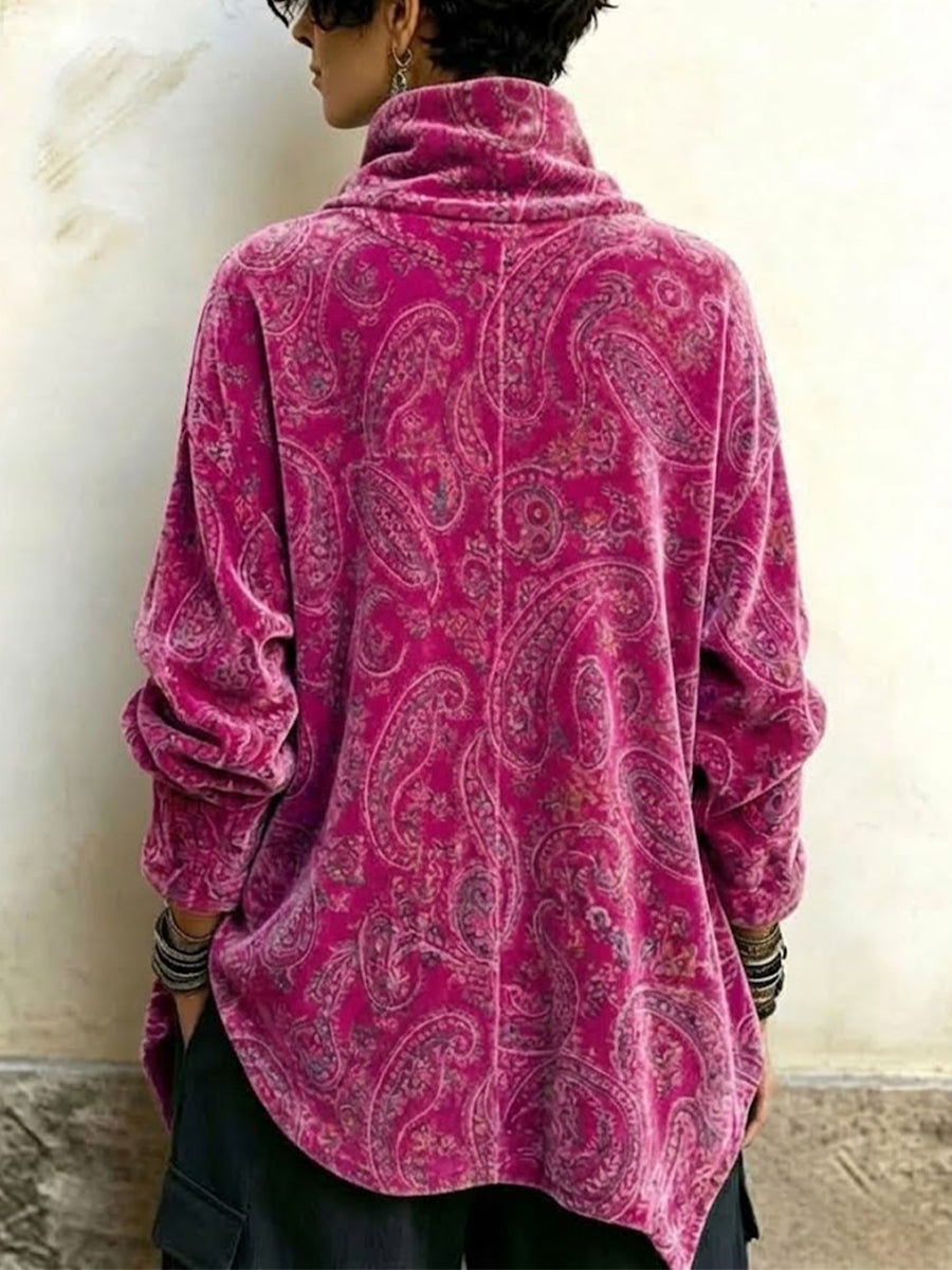 Velvet High-neck Top Featuring A Vintage Paisley Print And An Asymmetrical Button-front Design