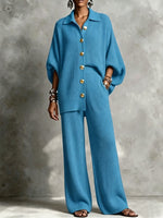 Cozy And Casual Ribbed Knit Two-piece Set With A Lapel Collar And Gold-tone Buttons.