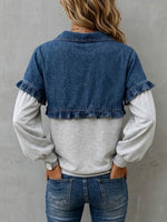 Casual Long-sleeve Knit Top With Denim Ruffle Splicing