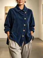 Cozy Peter Pan Collar Corduroy Asymmetric Button-down Top