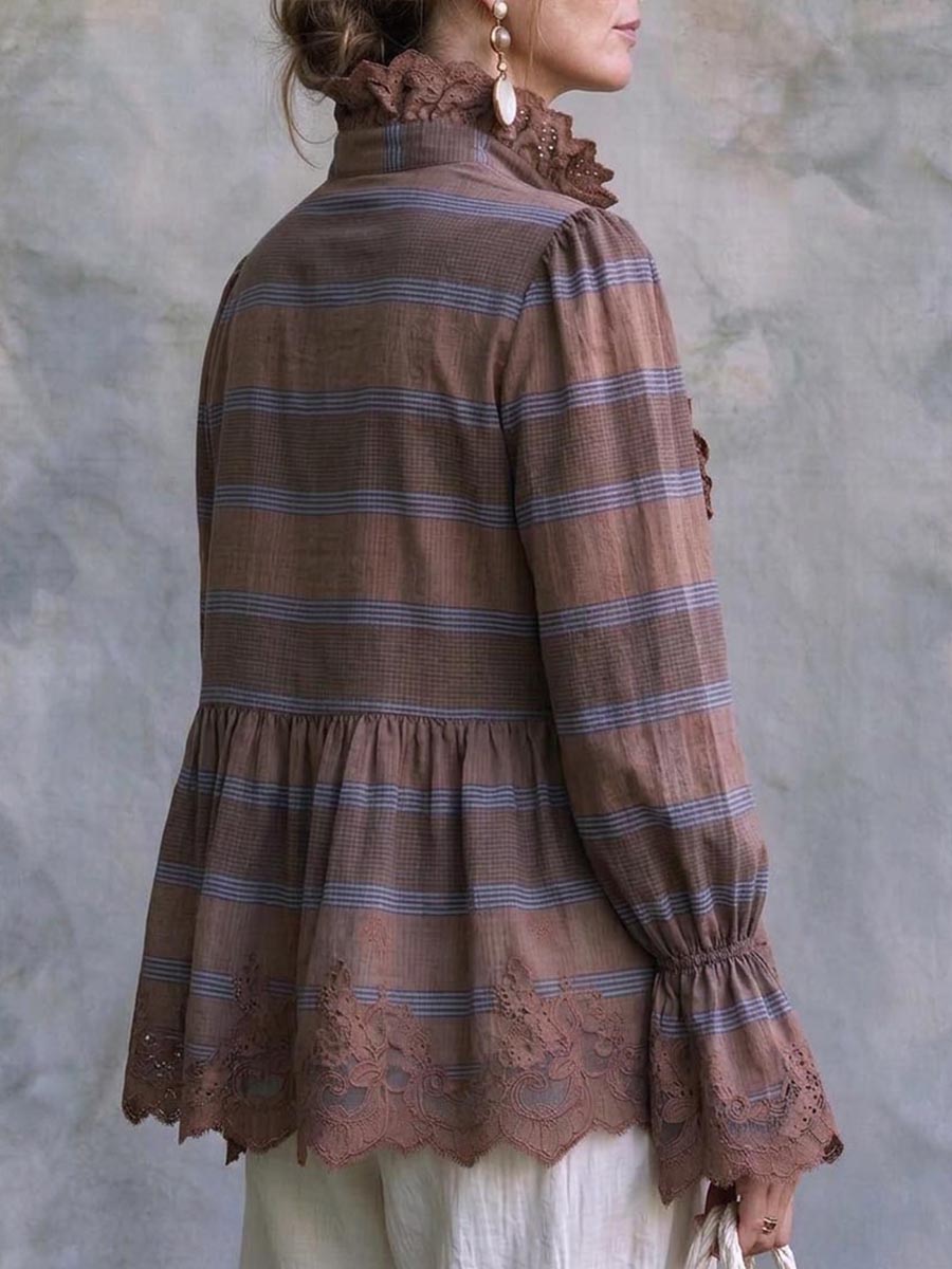 Virina Vintage Stria Bluzo Kun Punta Bordo Kaj Volanta Fronto