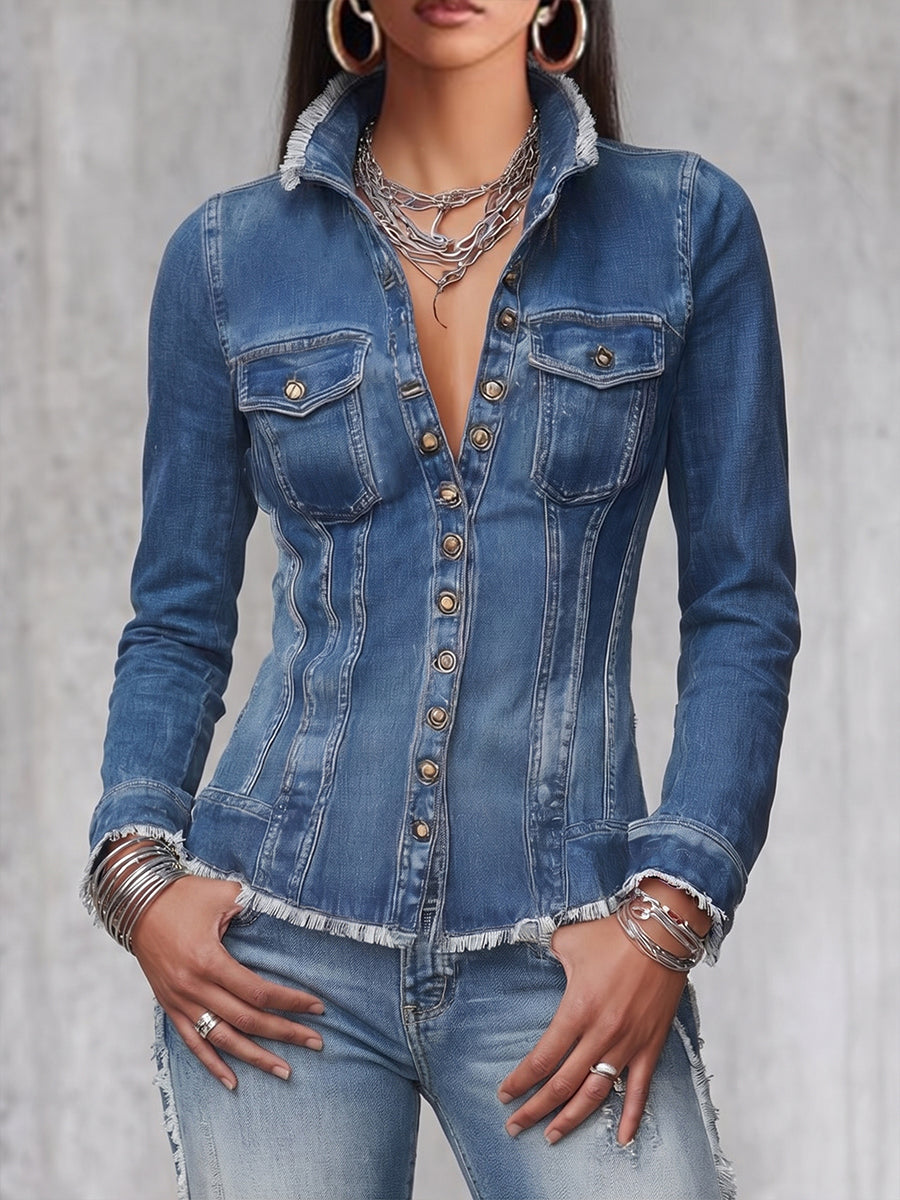 Chic Frayed-Edge Tailored Denim Button-Down