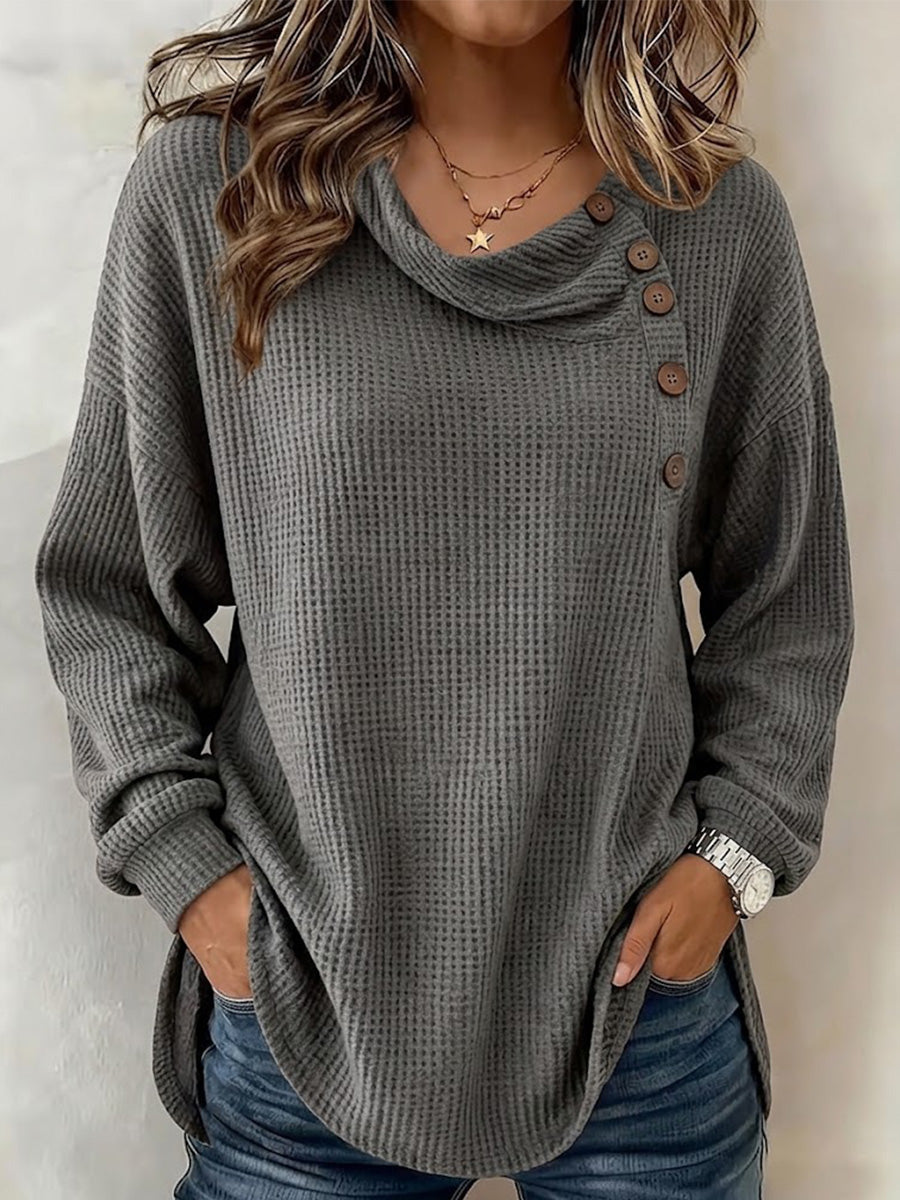 Women's Solid Color Waffle-knit Long-sleeve Button-down Casual Shirt / Comfortable Top