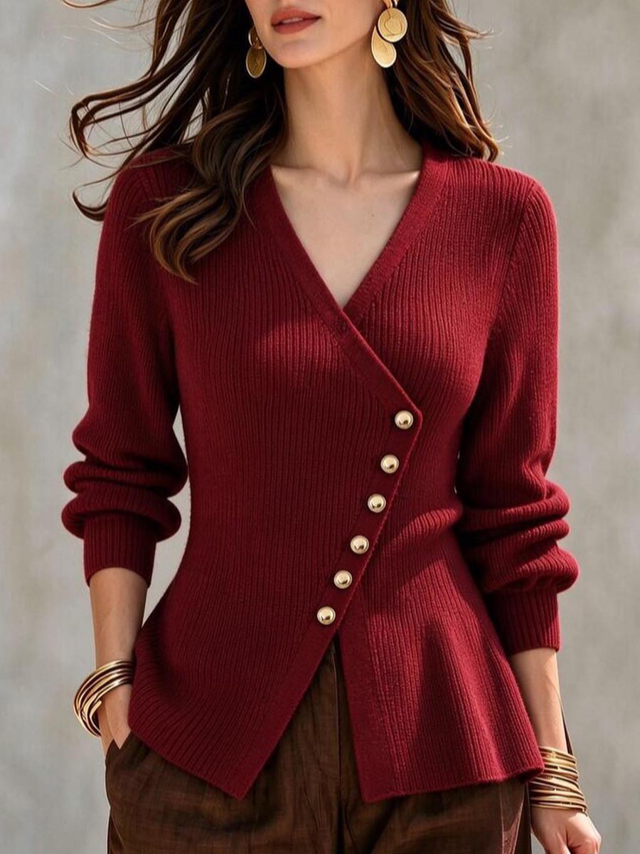 Maglione peplo con bottoni asimmetrici in maglia a coste con scollo a V da donna