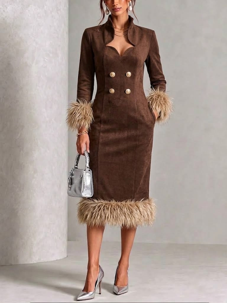 Faux Suede Slim-fit Midi Dress With Raw-edge Paneling