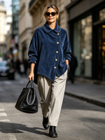 Cozy Peter Pan Collar Corduroy Asymmetric Button-down Top