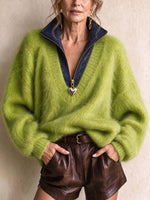 Maglione pullover con zip a un quarto fuzzy verde lime da donna