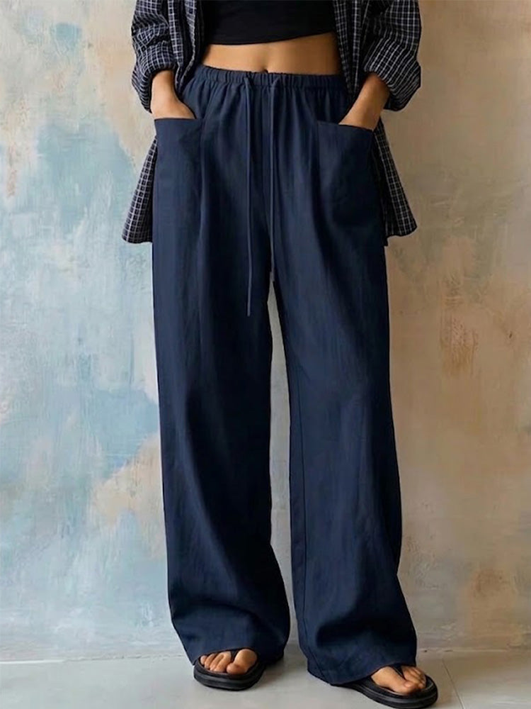Women's Solid-color High-waisted Wide-leg Casual Pants With Drawstring