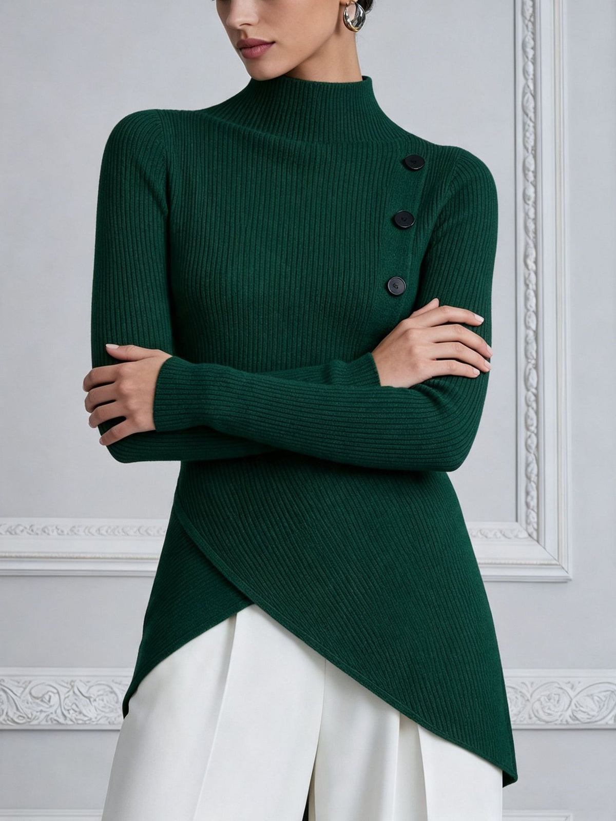 Chic Ribbed Knit Asymmetrical Button Top