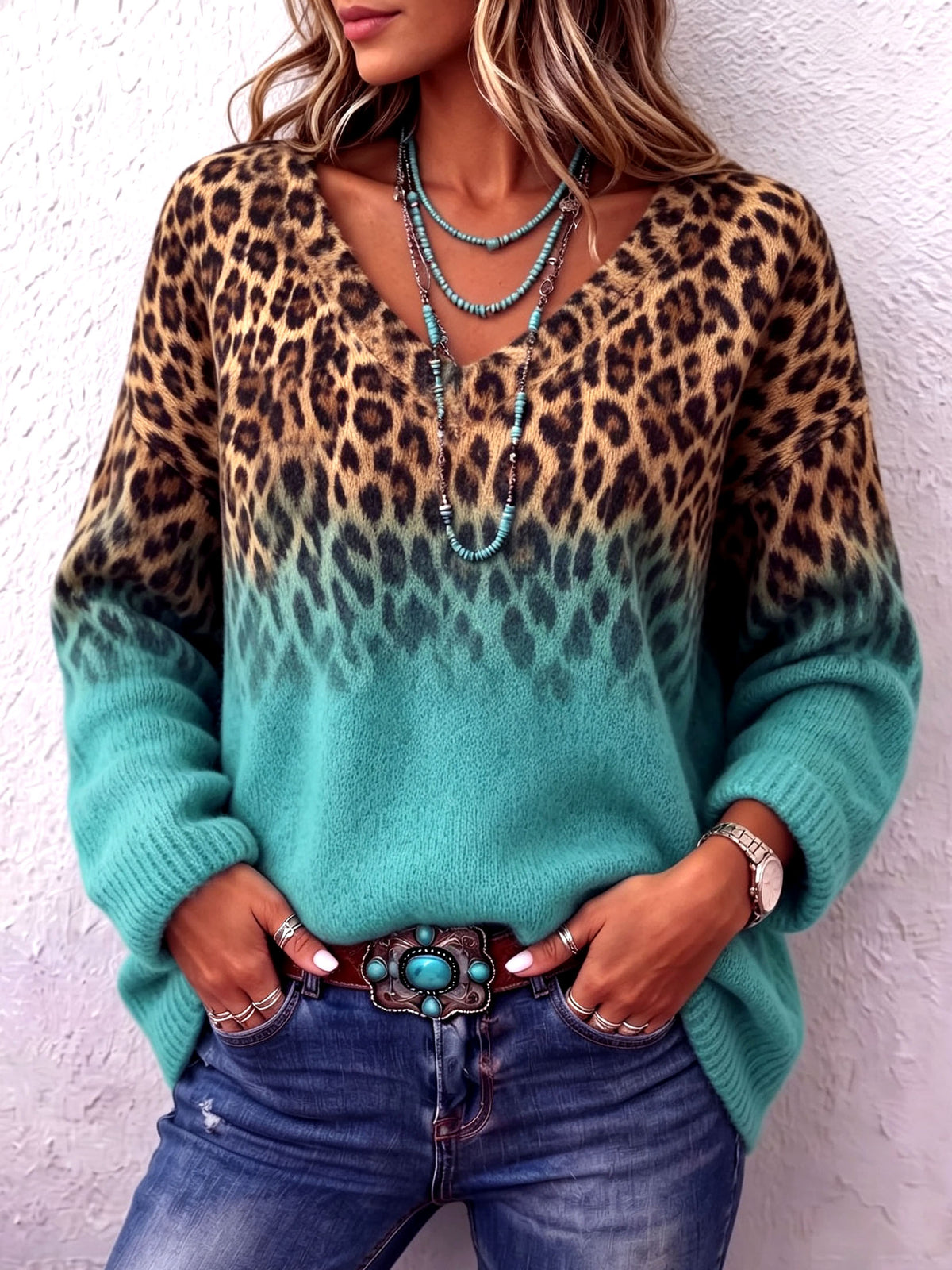 Boho Chic Ombre Leopard V-neck Sweater