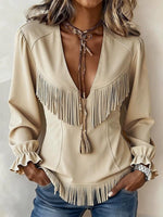 Women's Solid Color V-neck Long-sleeve Loose Casual Tassel Top
