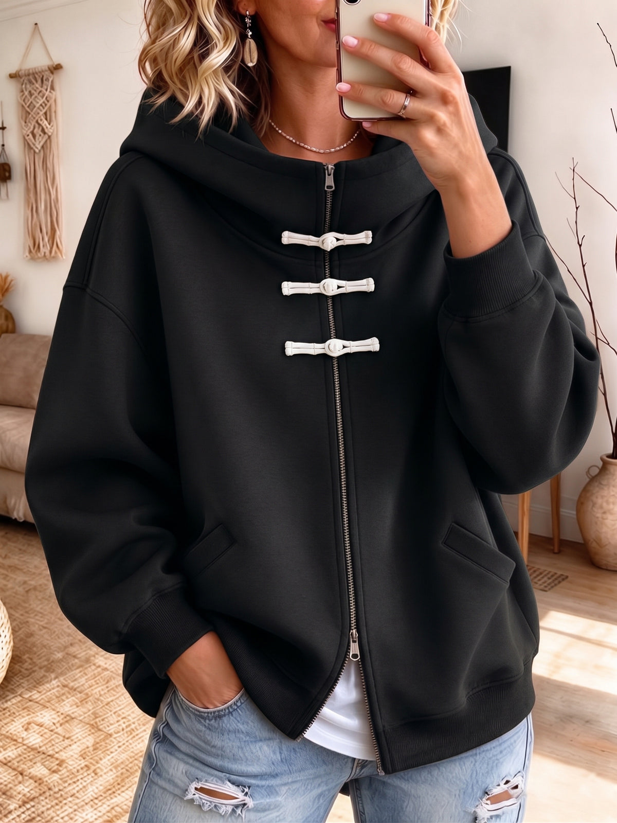 Cozy High Quality Full-Zip Frog-Button Hoodie Jacket