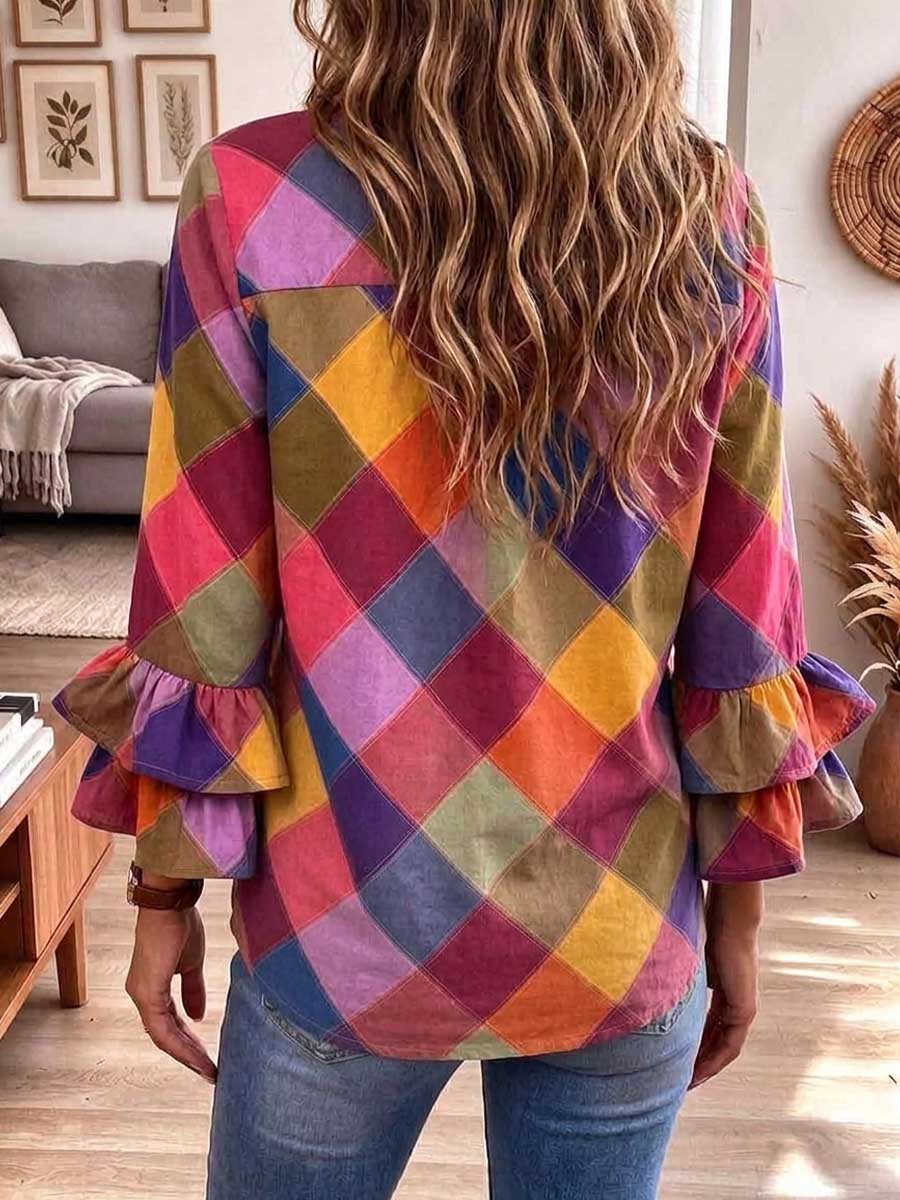 Camisa con botones a cuadros de colores para mujer con mangas acampanadas con volantes escalonados
