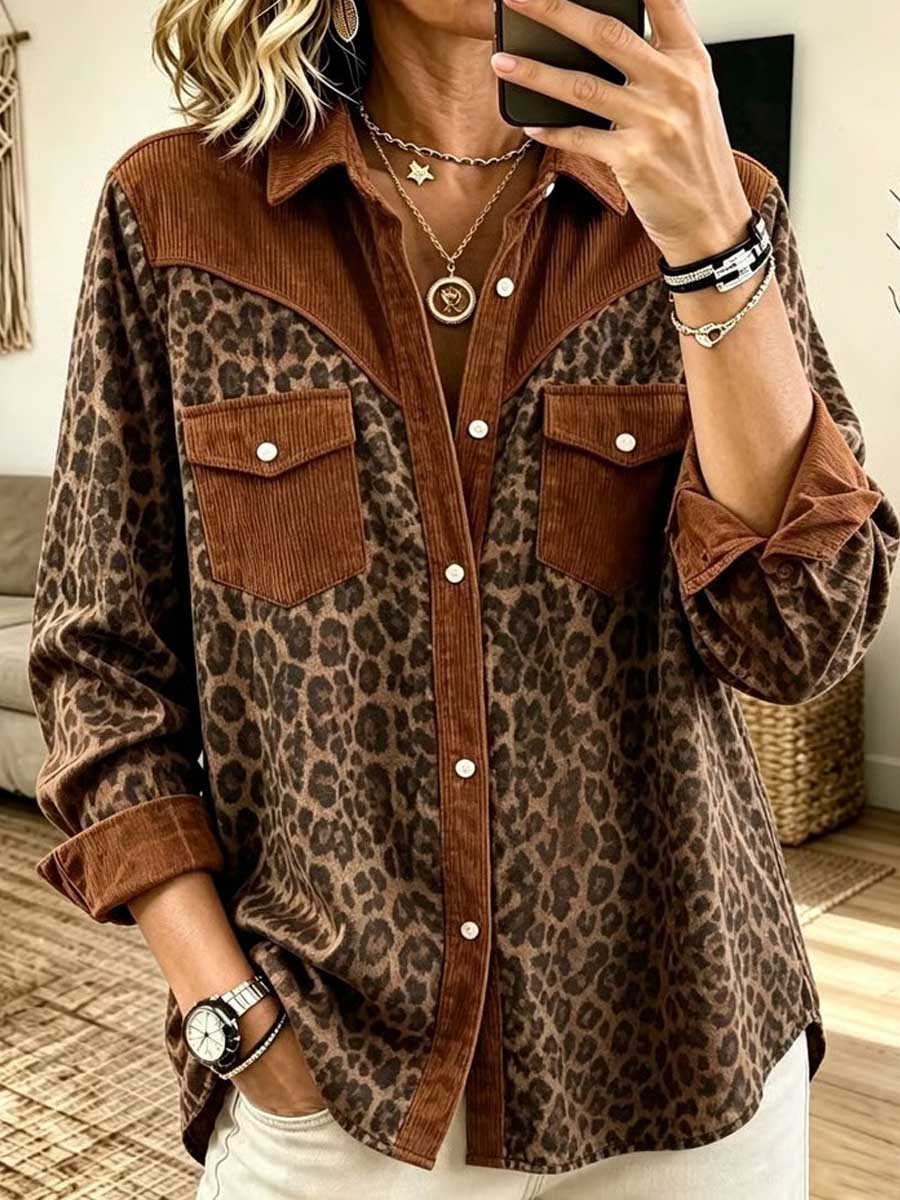 Virina Long-manika Kordura Ĉemizo Kun Leoparda Presaĵo Paneloj, Reversa Kolumo, Kaj Loza Casual Fit