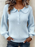 Ruffled Ribbed Knit Sweater With Partial Button Placket