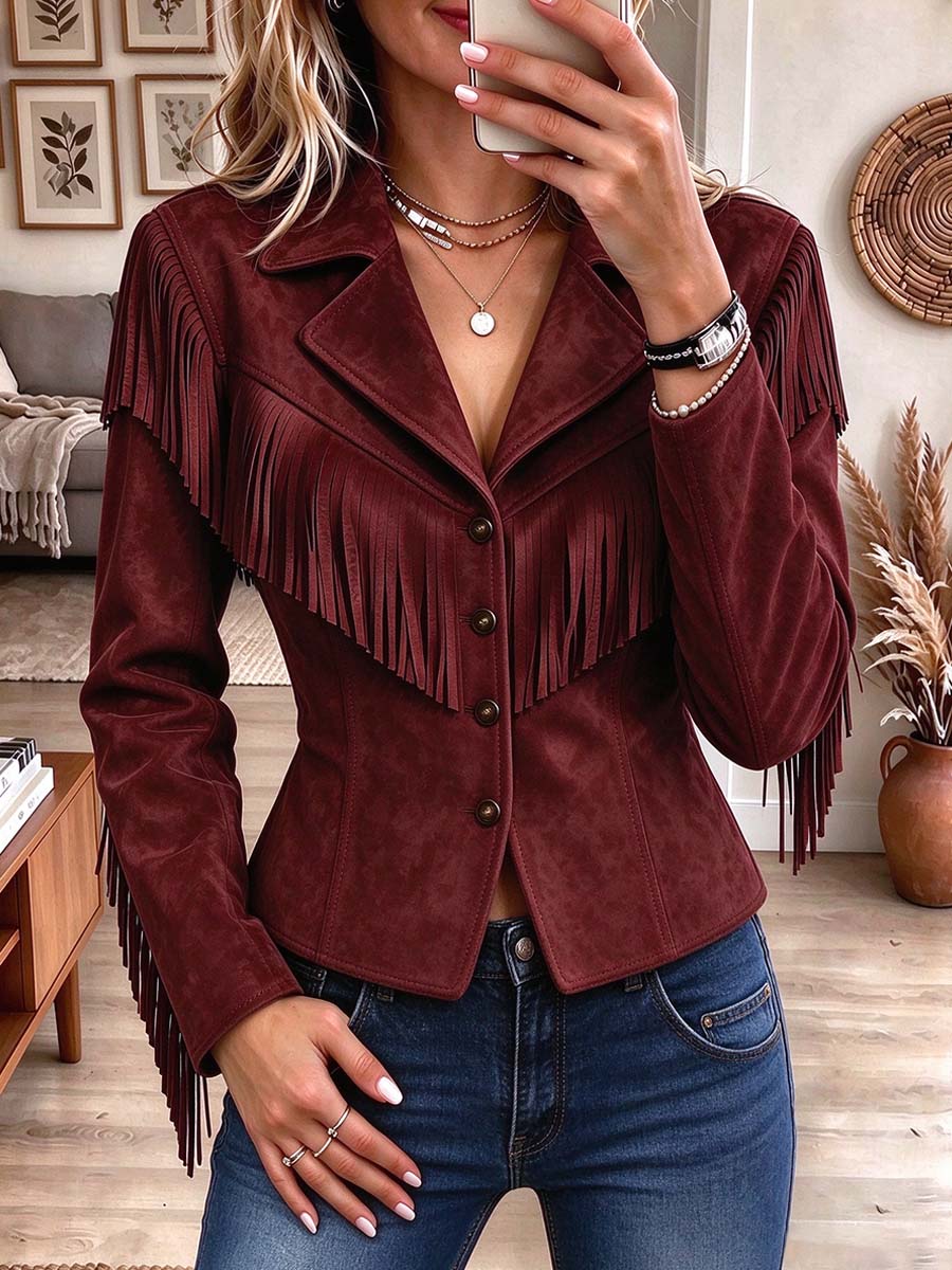 Chaqueta con botones y flecos de ante sintético estilo occidental para mujer