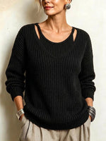 Ribbed Knit Top With A V-neck, Cut-out Shoulders, And A Faux-layered Design