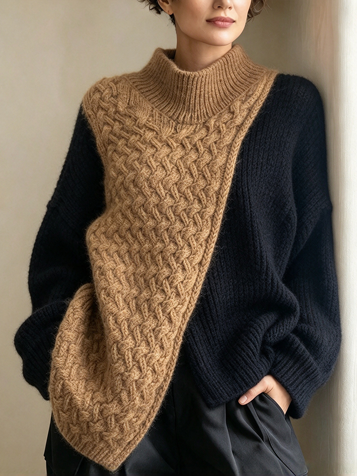 Moderner, gemütlicher Colorblock-Pullover mit Zopfmuster und Stehkragen