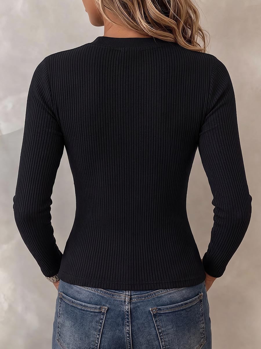 Top de punto informal de manga larga con cuello redondo y color liso para mujer con aberturas anchas y detalle de cordones