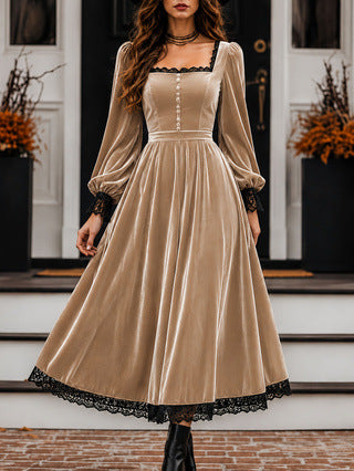 Vintage-style Exquisite Lace-trimmed Velvet Midi Dress