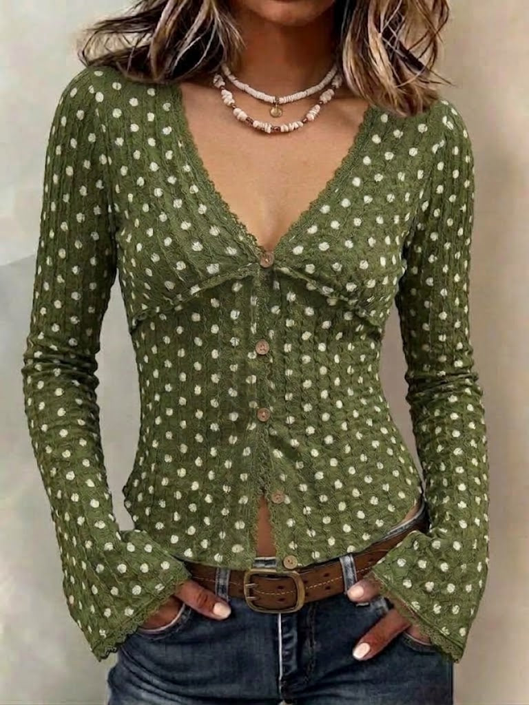 Top aderente a maniche lunghe con scollo a V in pizzo a pois con maniche svasate e abbottonatura frontale