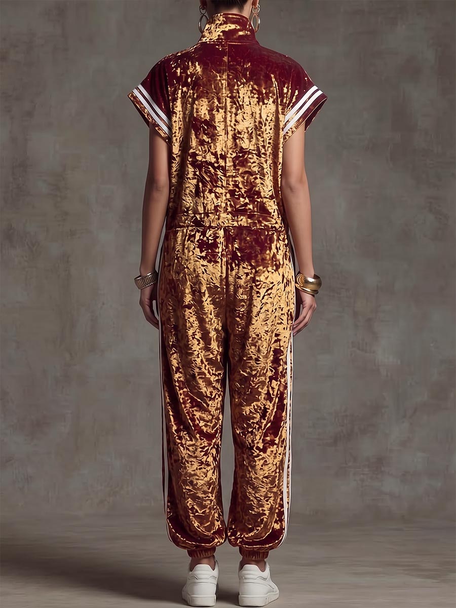 Women's Casual Loose-fit Wide-leg Jumpsuit In Gold Velvet – White With Stand Collar, Short Sleeves, And Contrast Trim