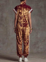 Women's Casual Loose-fit Wide-leg Jumpsuit In Gold Velvet – White With Stand Collar, Short Sleeves, And Contrast Trim