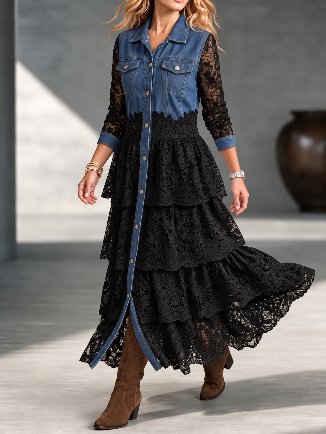 Women's Vintage Denim And Tiered Lace Maxi Dress - Button-down Western Boho Shirt Dress