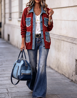 Retro Color-blocked Casual Denim Patchwork Knit Jacket