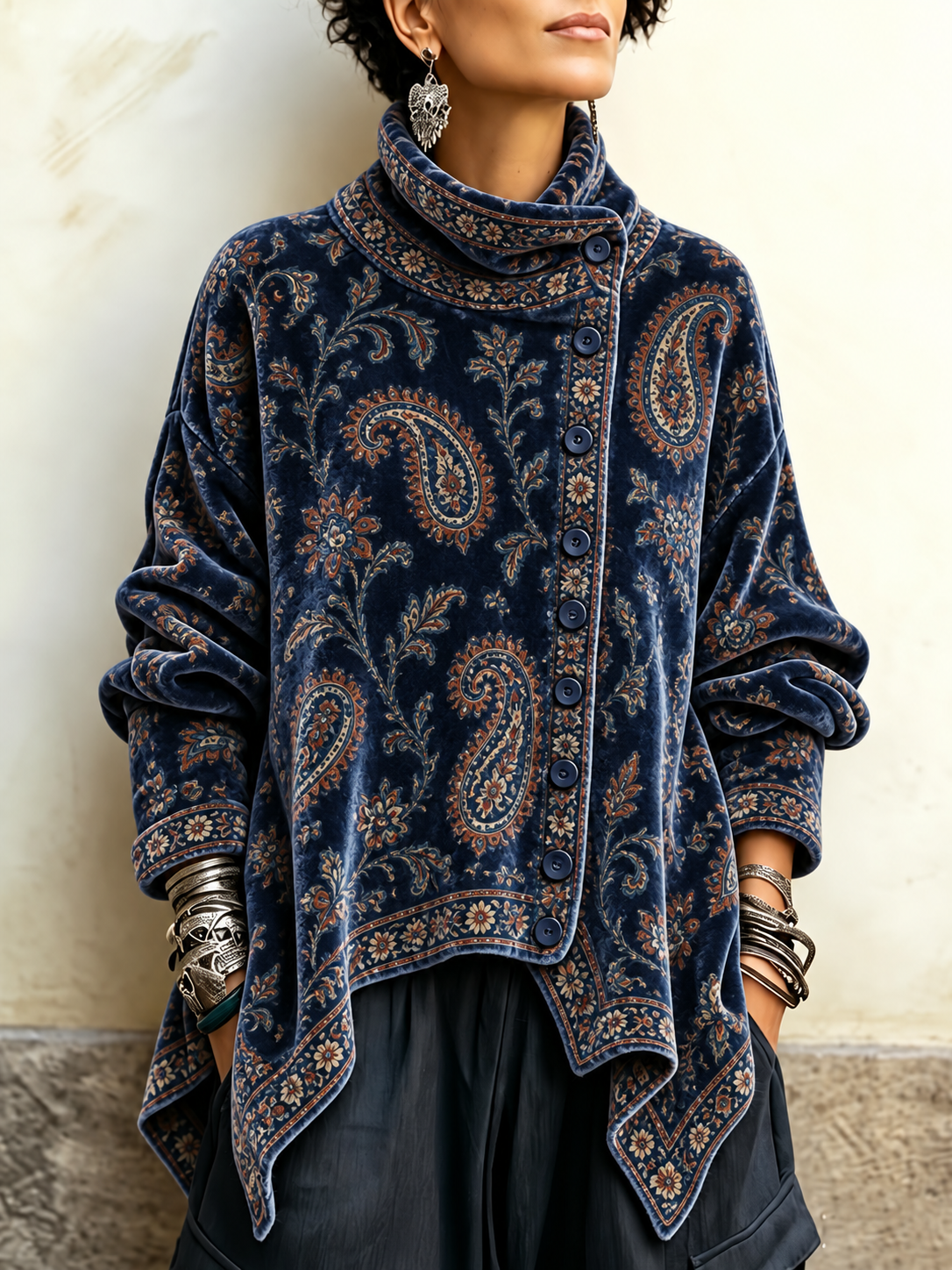 Virina Vintage Paisley Velura Koluko-Supro - Malsimetria Butono Antaŭa Drapirita Tunika Bluzo