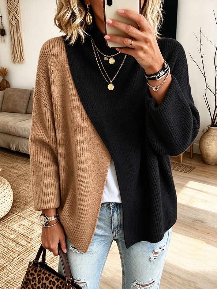 Lässiger, stilvoller, gerippter Rollkragenpullover im Colorblock-Design