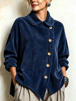 Cozy Peter Pan Collar Corduroy Asymmetric Button-down Top