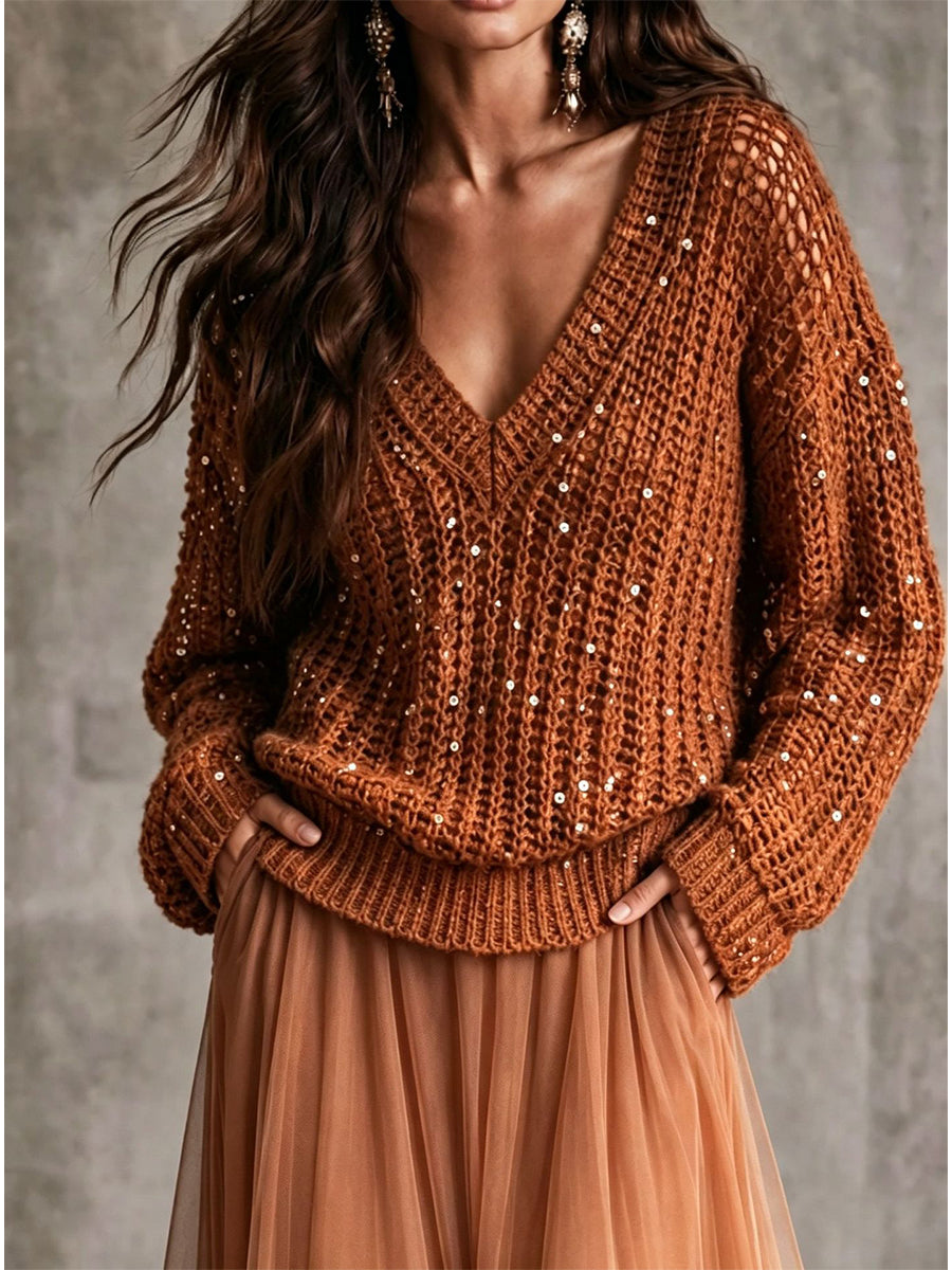 Chic Burgundy Sequin Open-Knit V-Neck Sweater