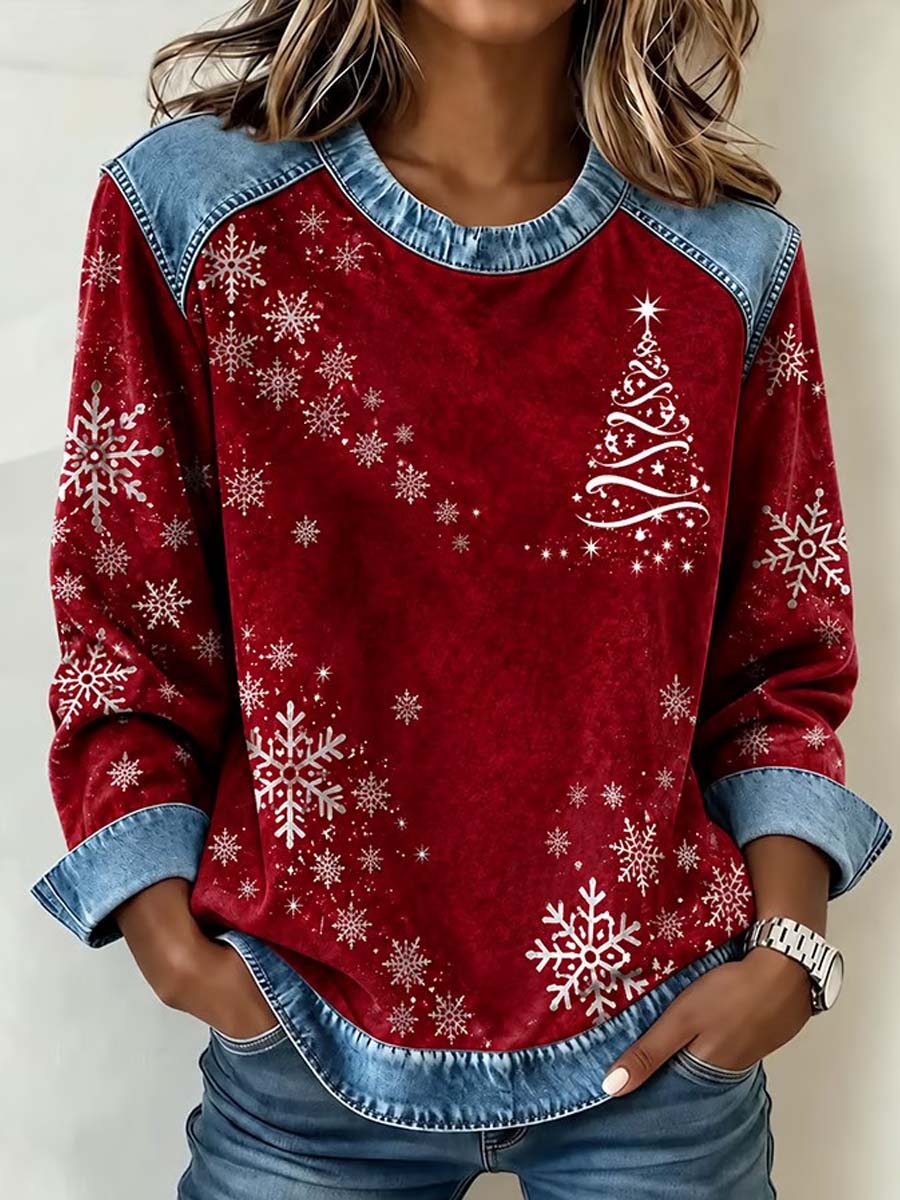 Top da donna con stampa natalizia di fiocchi di neve con accenti in denim