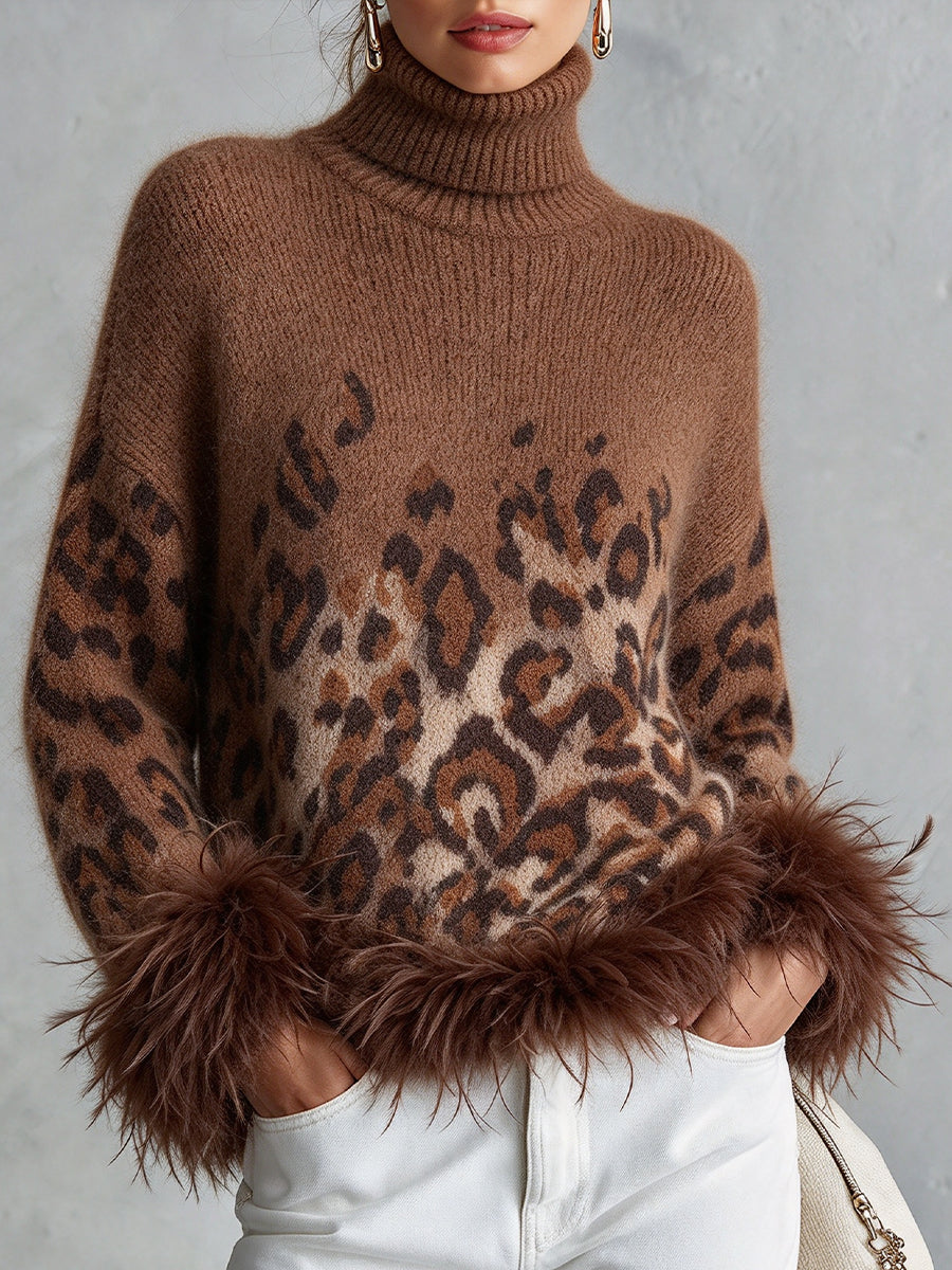 Ŝika Ombré Leopardo-presaĵo Plumborda Turtleneck Knit Top