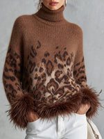 Ŝika Ombré Leopardo-presaĵo Plumborda Turtleneck Knit Top