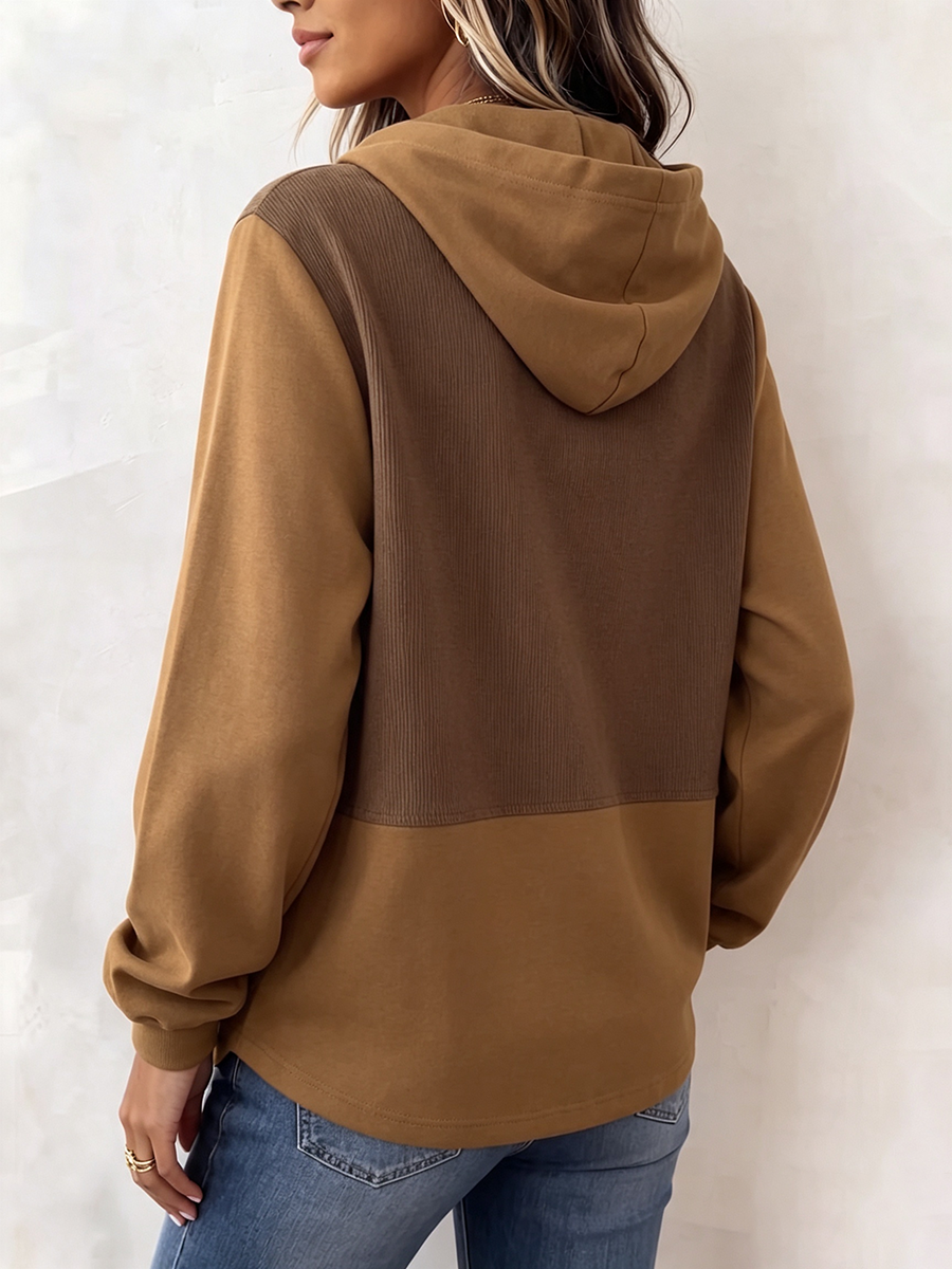 Cozy Color-blocked Knit Hooded Top With Layered Hem