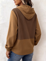 Cozy Color-blocked Knit Hooded Top With Layered Hem