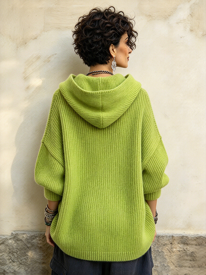 Ŝika Oversized Ribbed Asimetria Butona Kapuĉa Svetero