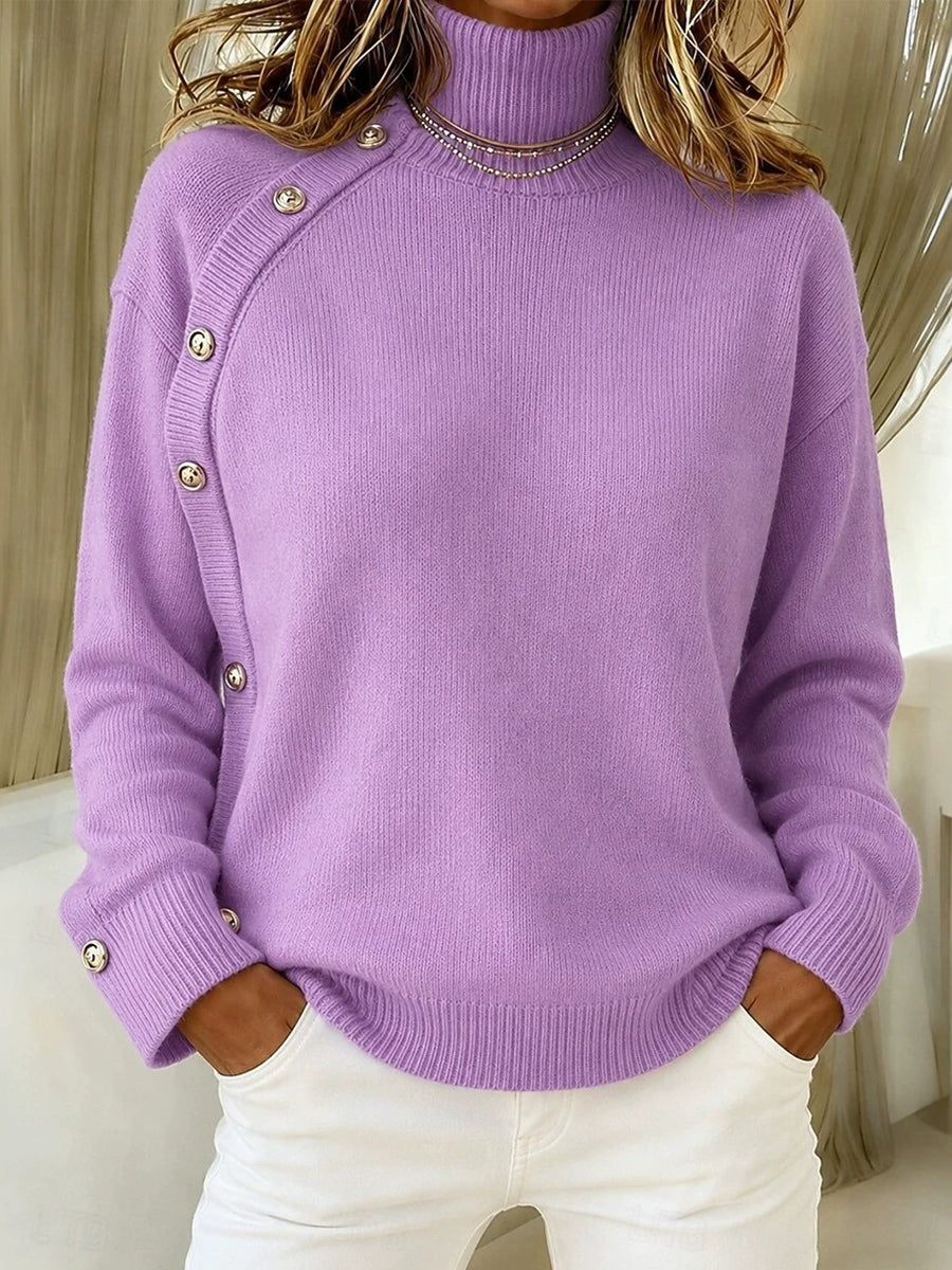 Elegant Crimson Asymmetrical Button Turtleneck Sweater