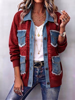 Retro Color-blocked Casual Denim Patchwork Knit Jacket