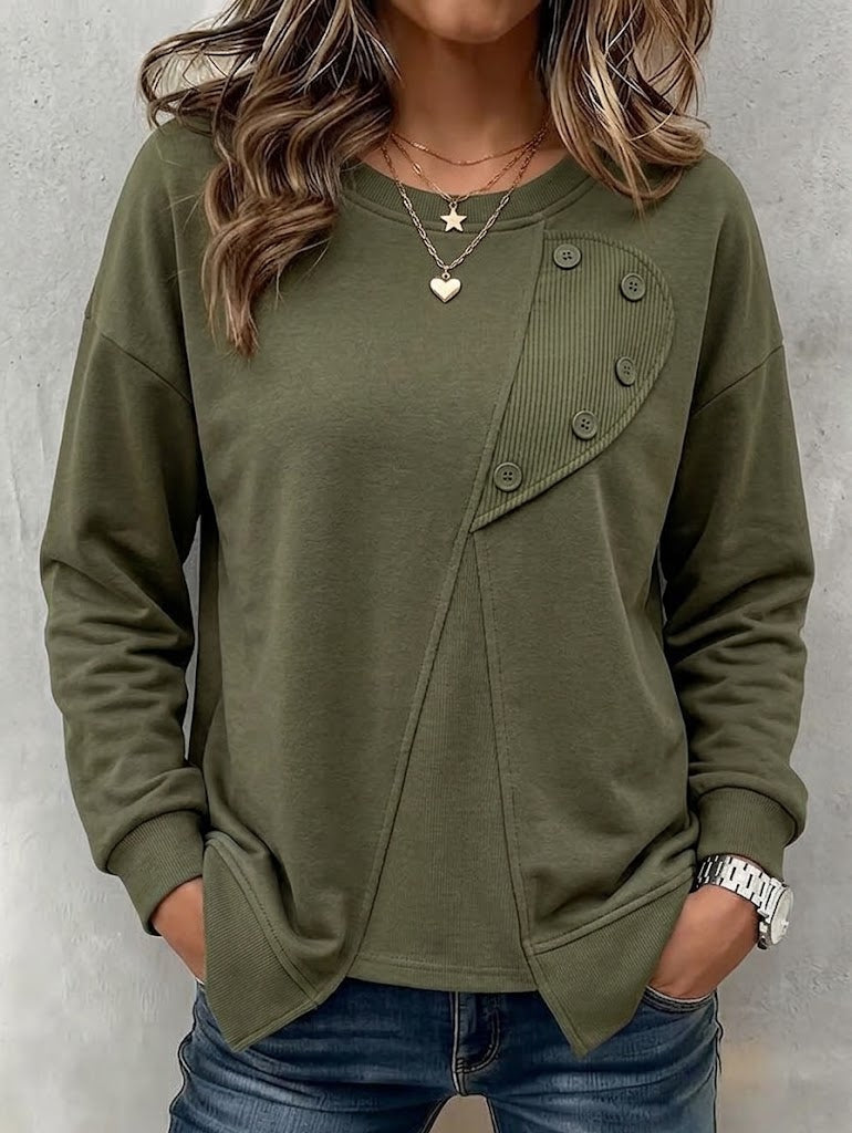 Round Neck Asymmetric Spliced Button Long Sleeve Sweatshirt