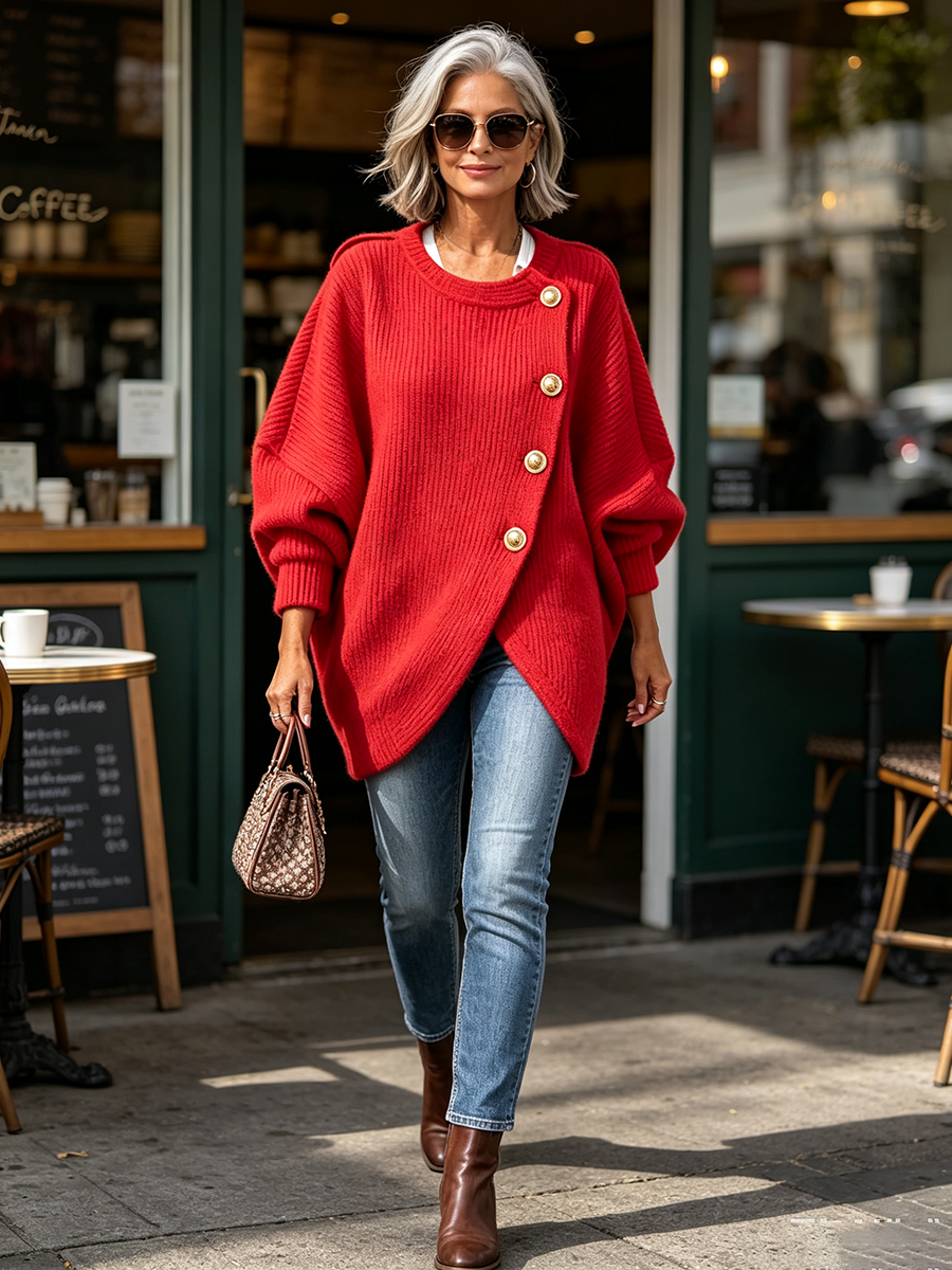 Elegant Red Asymmetric Button Knit Sweater